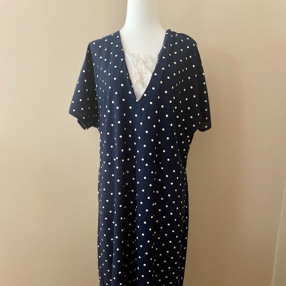 Vintage Dress 1980s Does 1950s Polka Dot Navy Blue Midi Dress